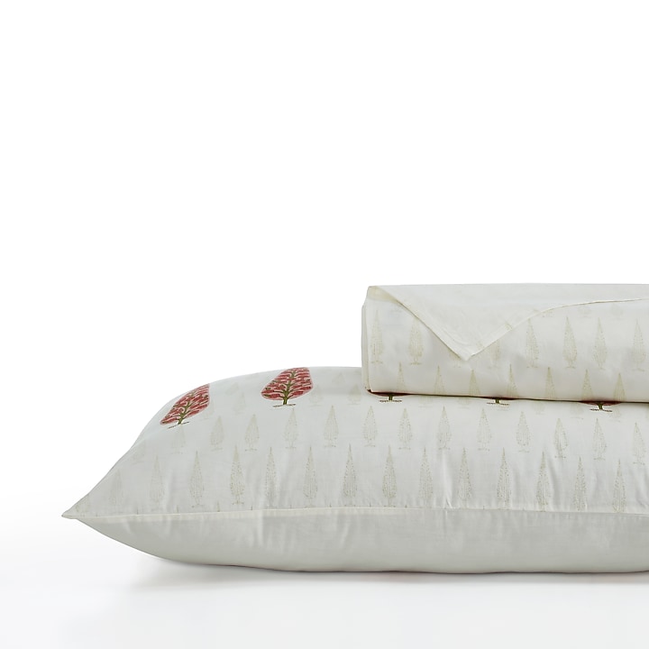 Cream & Red Cotton Block Printed Bedsheet Set by HOUMN at Pernia's Pop Up Shop
