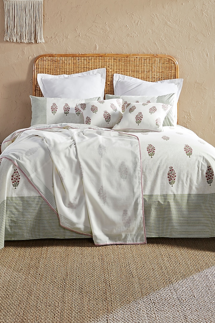 Pink & Green Cotton Conifer Block Printed Bedsheet Set by HOUMN
