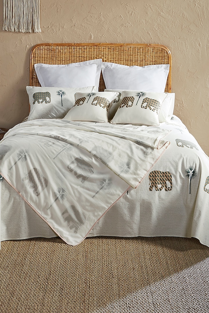 Cream & Blue Cotton Elephant Block Printed Bedsheet Set by HOUMN