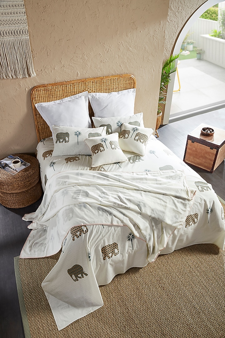Cream & Blue Cotton Elephant Block Printed Bedsheet Set by HOUMN at Pernia's Pop Up Shop