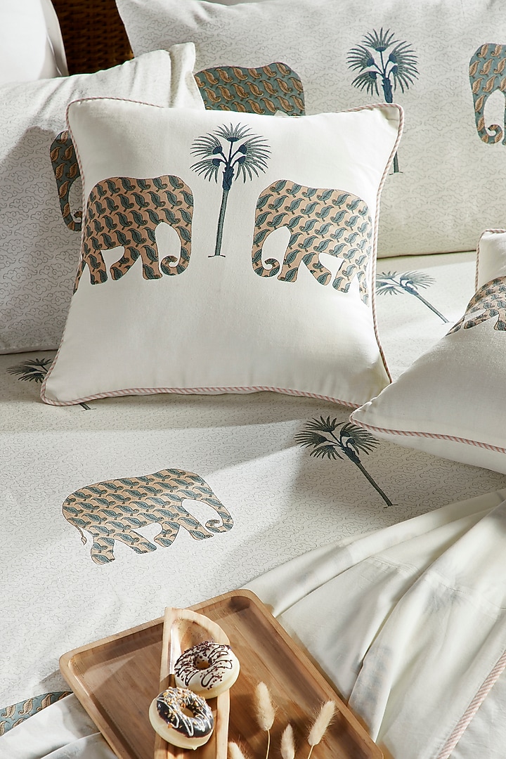 Cream & Blue Cotton Elephant Block Printed Bedsheet Set by HOUMN at Pernia's Pop Up Shop