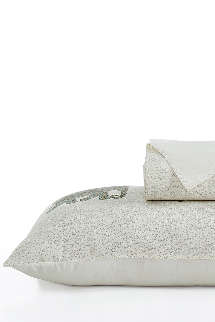 Cream & Blue Cotton Elephant Block Printed Bedsheet Set by HOUMN at Pernia's Pop Up Shop