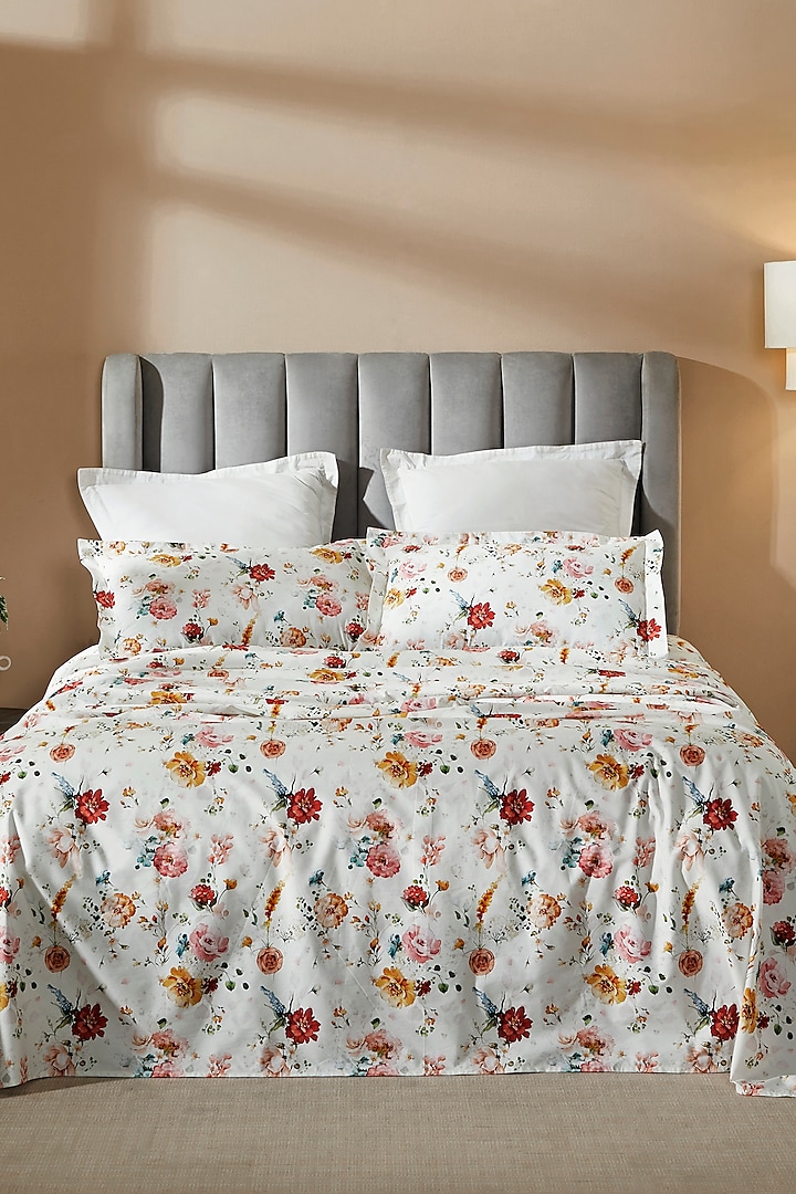 White & Multi-Colored Cotton Retreat Digital Printed Bedsheet Set by HOUMN
