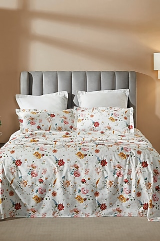 White & Multi-Colored Cotton Retreat Digital Printed Bedsheet Set by HOUMN