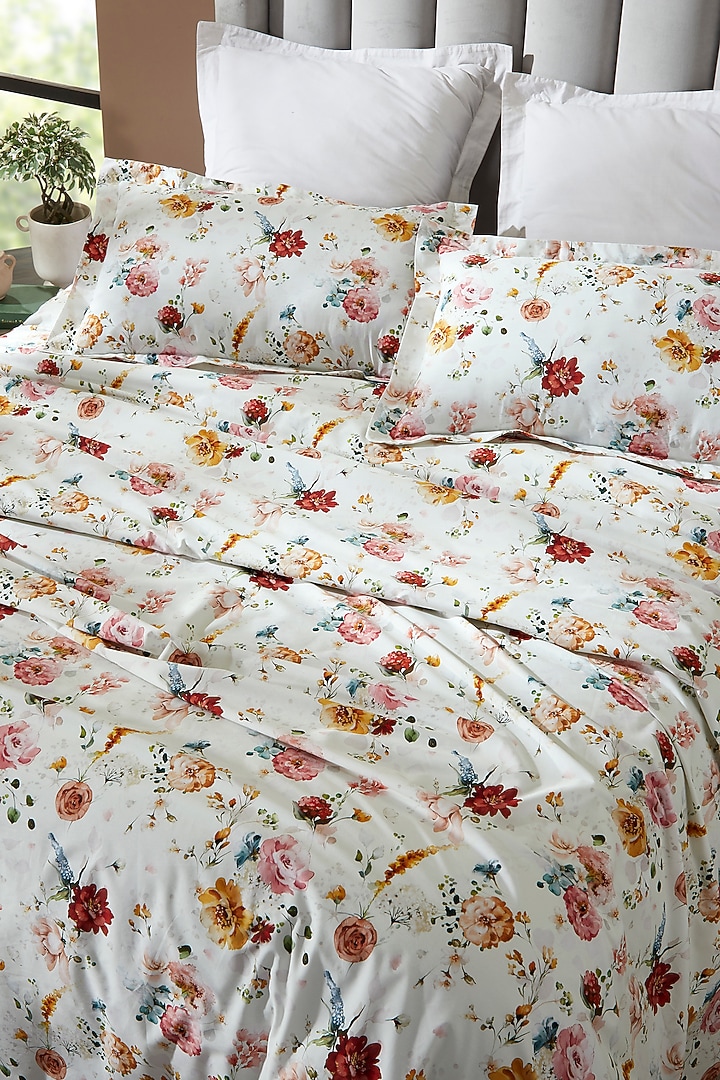 White & Multi-Colored Cotton Retreat Digital Printed Bedsheet Set by HOUMN at Pernia's Pop Up Shop
