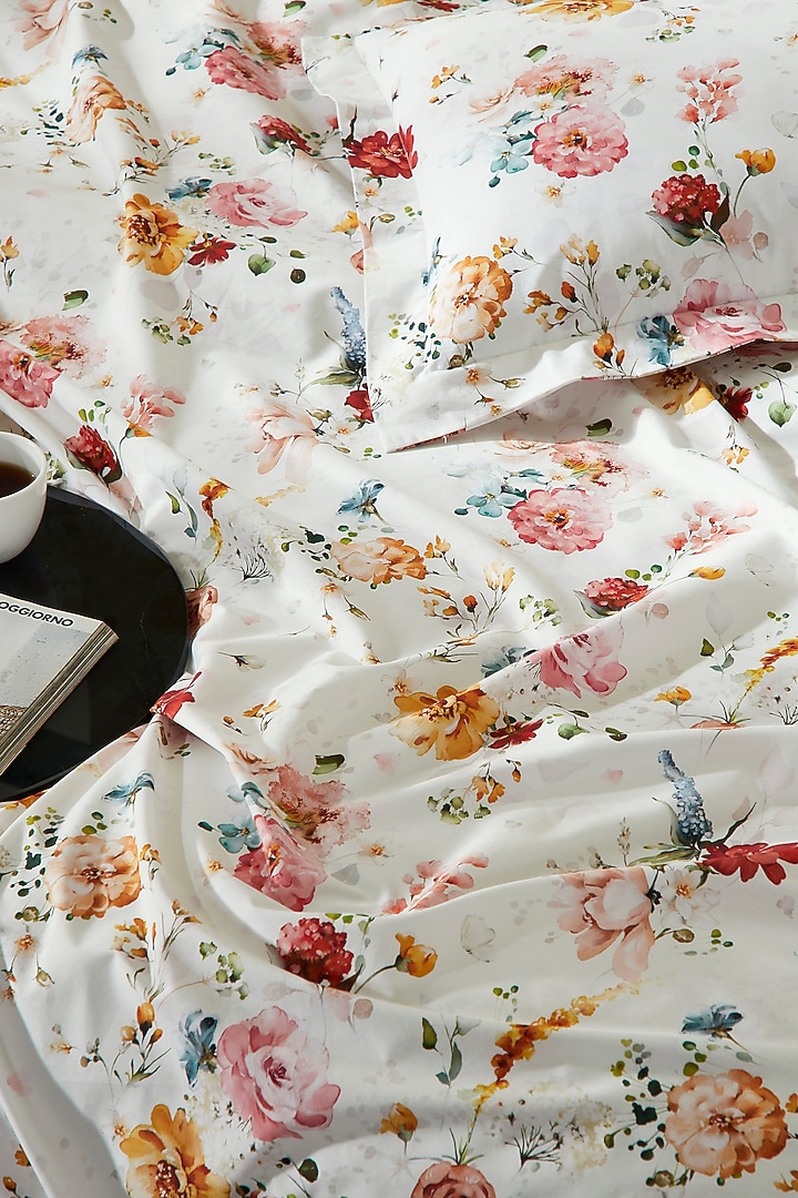 White & Multi-Colored Cotton Retreat Digital Printed Bedsheet Set by HOUMN at Pernia's Pop Up Shop