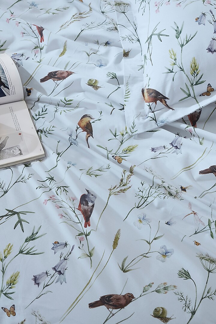 White & Multi-Colored Cotton Digital Printed Bedsheet Set by HOUMN at Pernia's Pop Up Shop