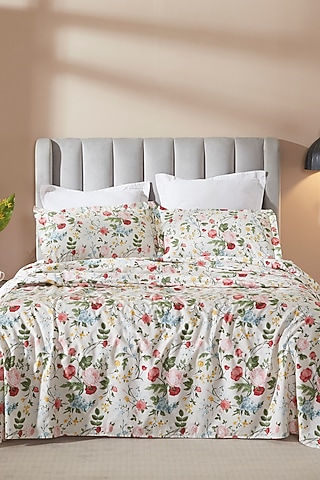 White & Multi-Colored Cotton Digital Printed Bedsheet Set by HOUMN