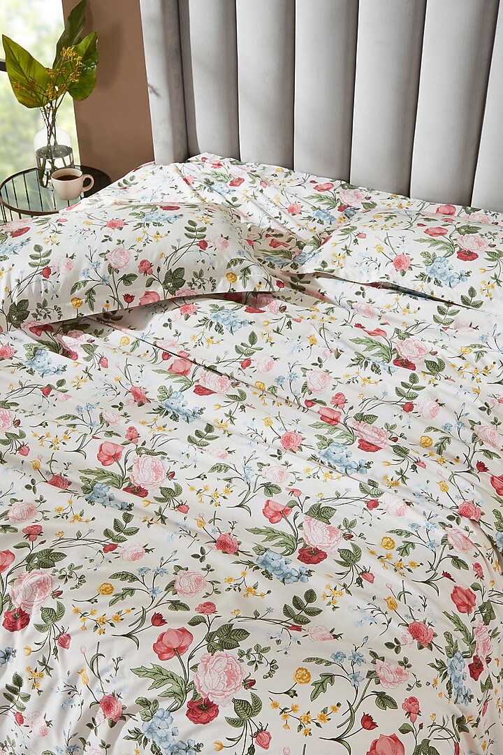 White & Multi-Colored Cotton Digital Printed Bedsheet Set by HOUMN at Pernia's Pop Up Shop