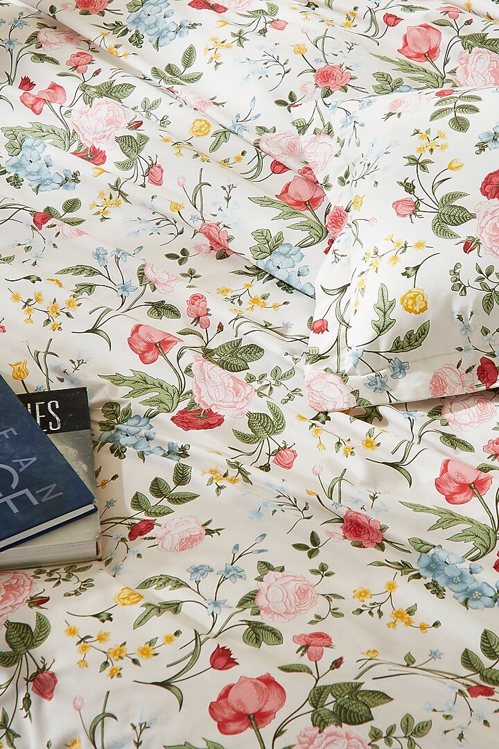 White & Multi-Colored Cotton Digital Printed Bedsheet Set by HOUMN at Pernia's Pop Up Shop