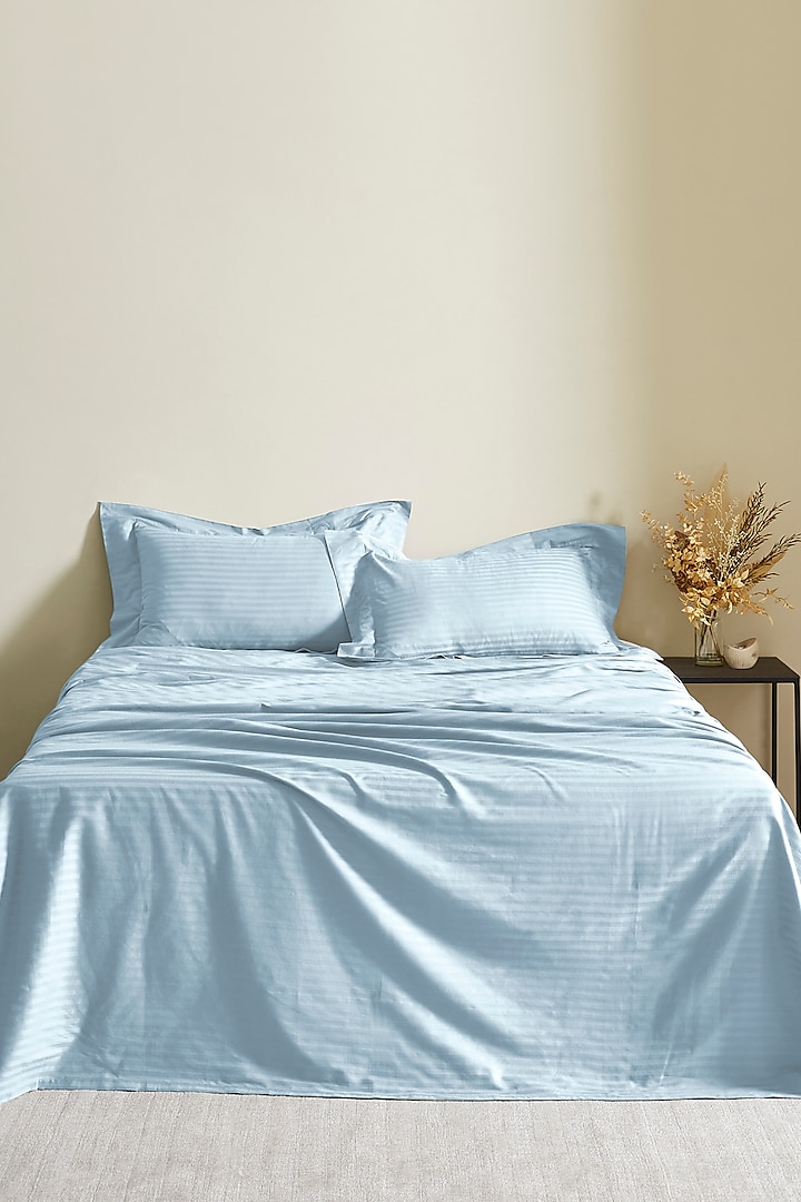 Light Blue Cotton Bedsheet Set With Tree Stitch by HOUMN