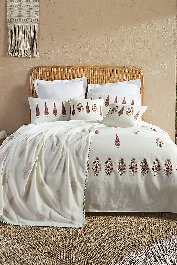 Cream & Red Muslin Blocked Printed Dohar by HOUMN