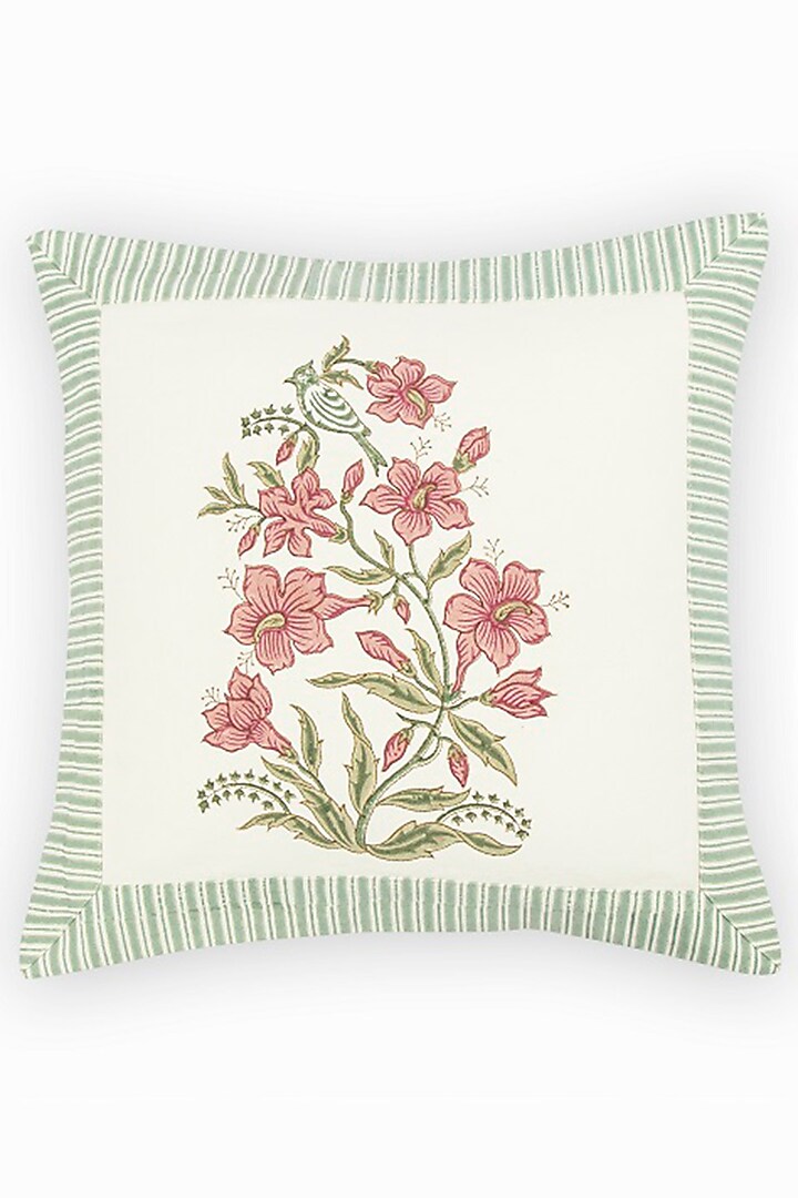 White & Multi-Colored Cotton Block Printed Cushion Cover by HOUMN at Pernia's Pop Up Shop