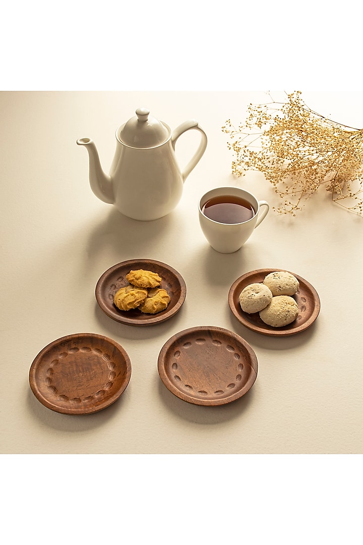 Matte Gold & Light Brown Mango Wood Cookie Plate Set by HOUMN at Pernia's Pop Up Shop