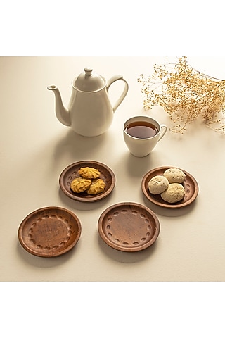 Matte Gold & Light Brown Mango Wood Cookie Plate Set by HOUMN