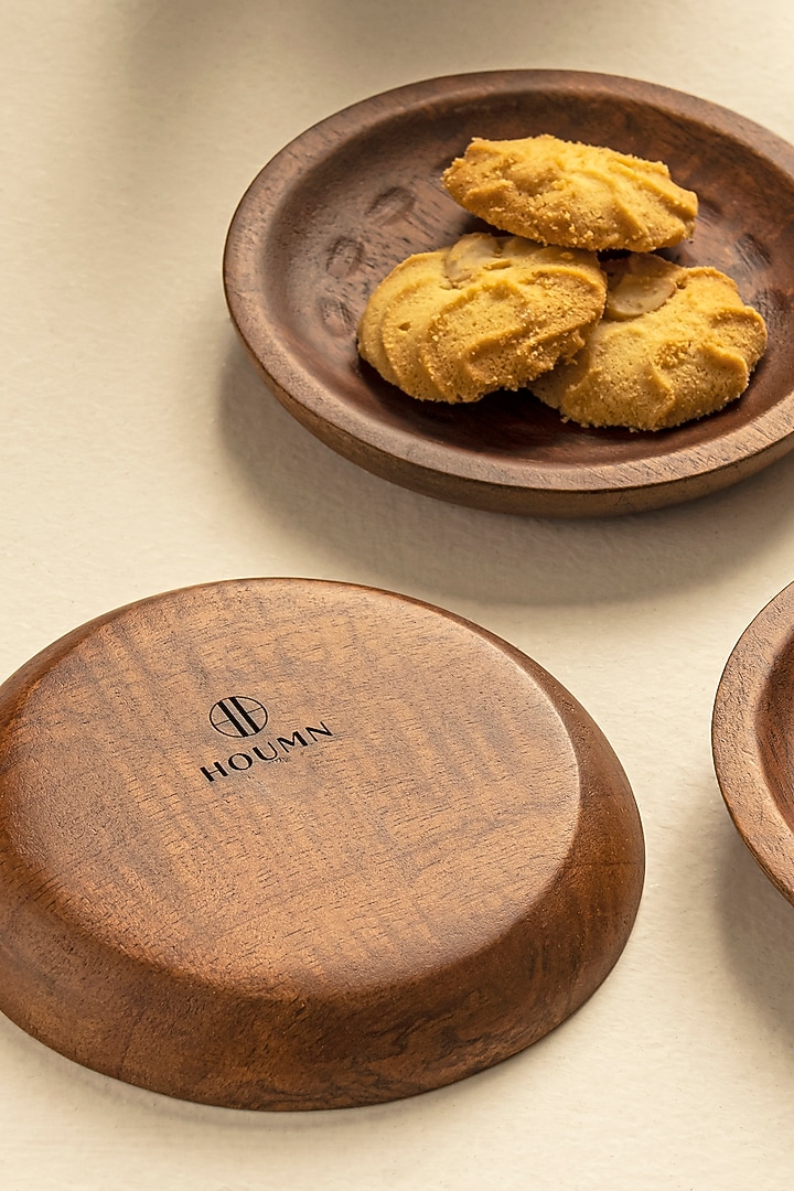 Matte Gold & Light Brown Mango Wood Cookie Plate Set by HOUMN at Pernia's Pop Up Shop
