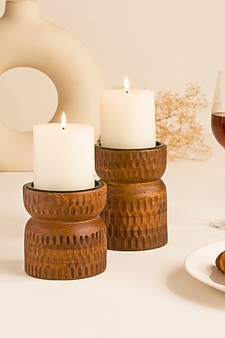 Gold & Brown Mango Wood Candle Holder Set by HOUMN