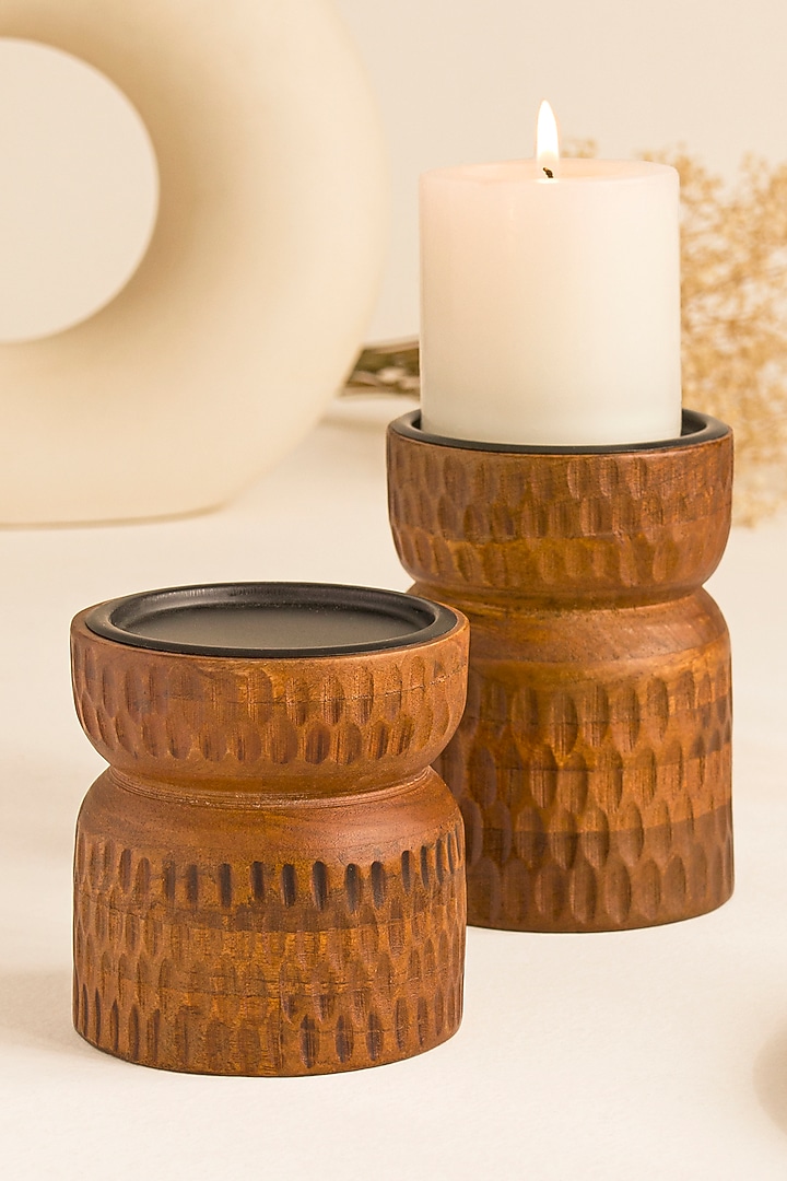 Gold & Brown Mango Wood Candle Holder Set by HOUMN at Pernia's Pop Up Shop