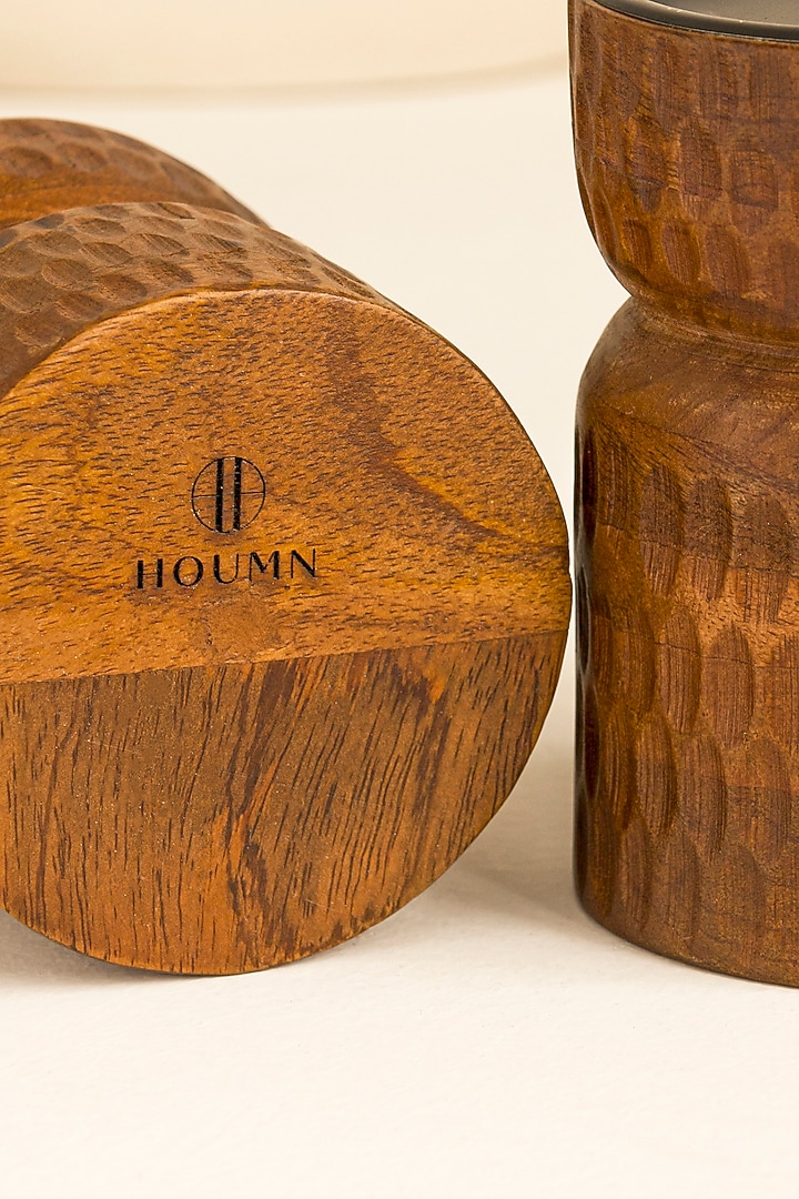 Gold & Brown Mango Wood Candle Holder Set by HOUMN at Pernia's Pop Up Shop