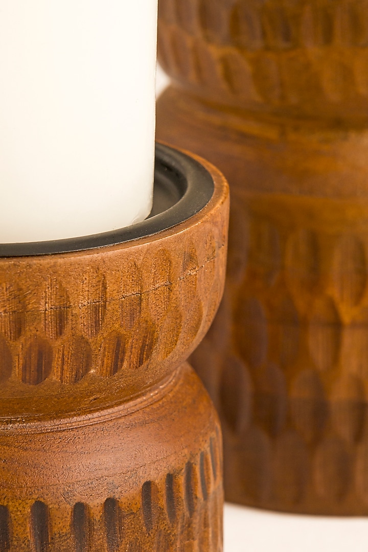 Gold & Brown Mango Wood Candle Holder Set by HOUMN at Pernia's Pop Up Shop
