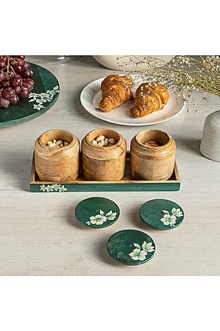 Brown & Teal Green Mango Wood Iris Jar Set With Tray by HOUMN