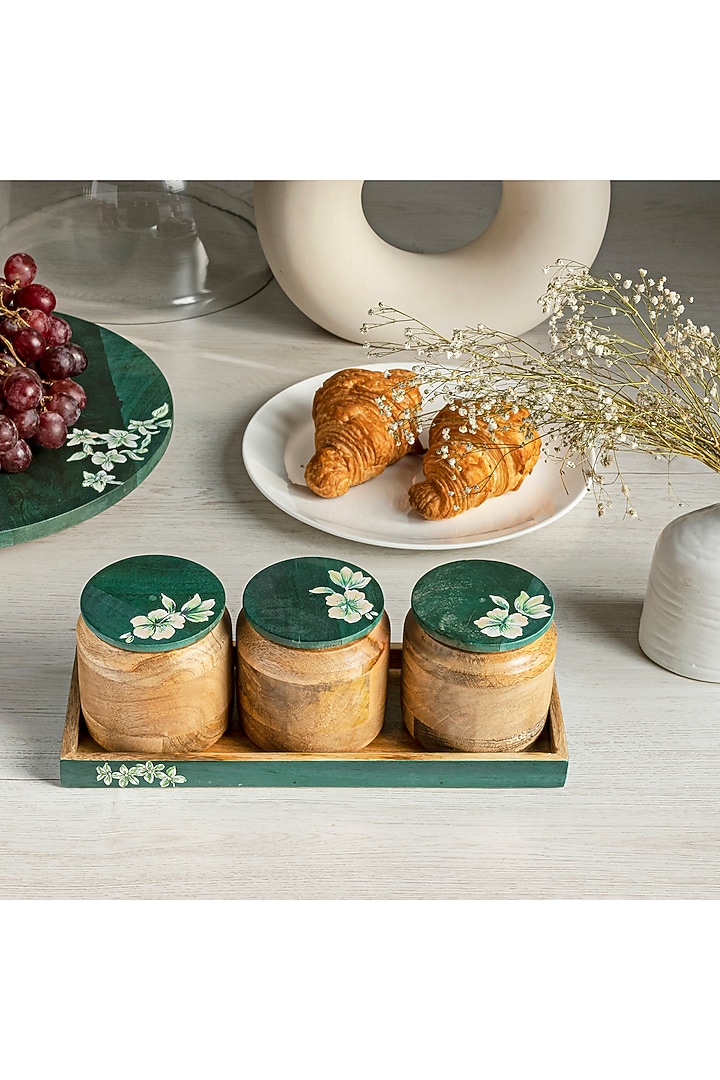Brown & Teal Green Mango Wood Iris Jar Set With Tray by HOUMN at Pernia's Pop Up Shop