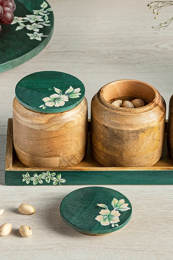 Brown & Teal Green Mango Wood Iris Jar Set With Tray by HOUMN at Pernia's Pop Up Shop