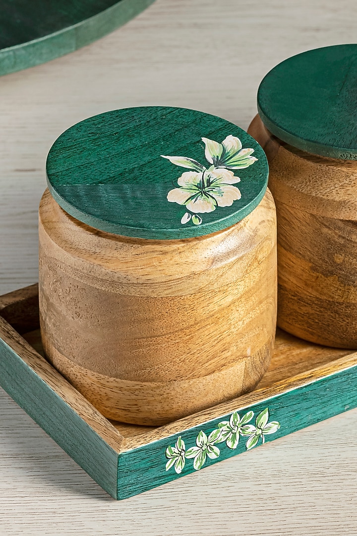 Brown & Teal Green Mango Wood Iris Jar Set With Tray by HOUMN at Pernia's Pop Up Shop