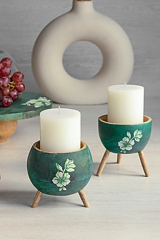 Teal Green Mango Wood Candle Holder Set by HOUMN