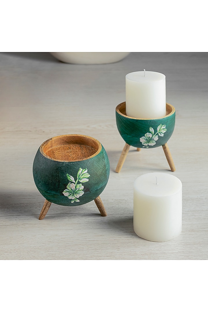 Teal Green Mango Wood Candle Holder Set by HOUMN at Pernia's Pop Up Shop