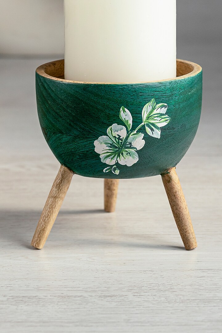 Teal Green Mango Wood Candle Holder Set by HOUMN at Pernia's Pop Up Shop