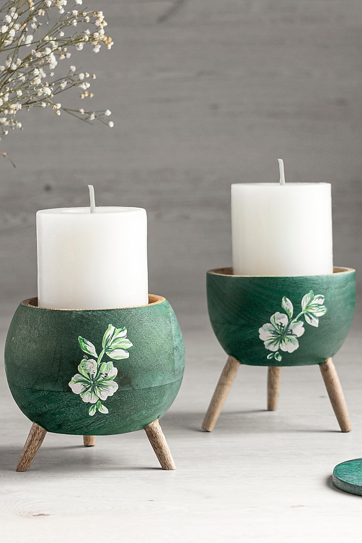 Teal Green Mango Wood Candle Holder Set by HOUMN at Pernia's Pop Up Shop