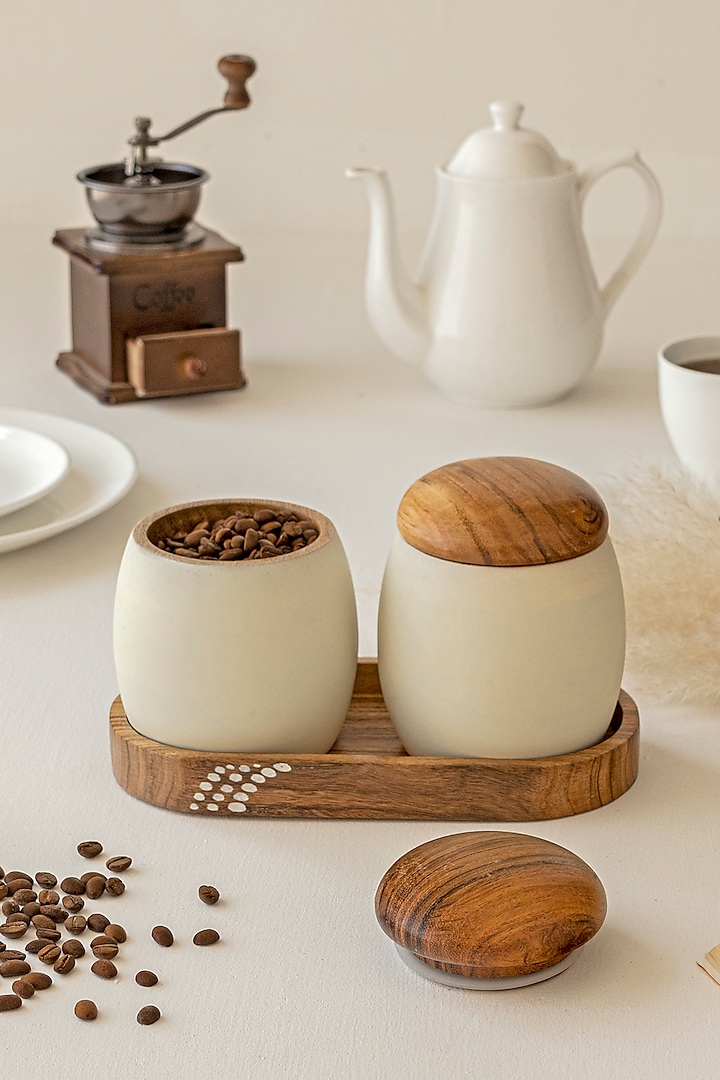 Milky White & Brown Acacia Wood Jar Set With Tray by HOUMN at Pernia's Pop Up Shop