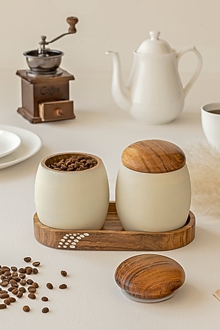 Milky White & Brown Acacia Wood Jar Set With Tray by HOUMN