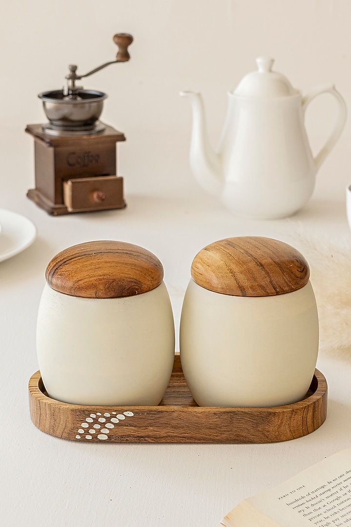 Milky White & Brown Acacia Wood Jar Set With Tray by HOUMN at Pernia's Pop Up Shop