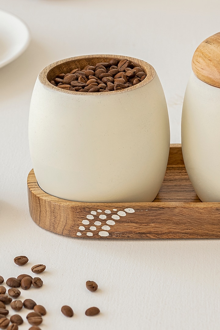 Milky White & Brown Acacia Wood Jar Set With Tray by HOUMN at Pernia's Pop Up Shop