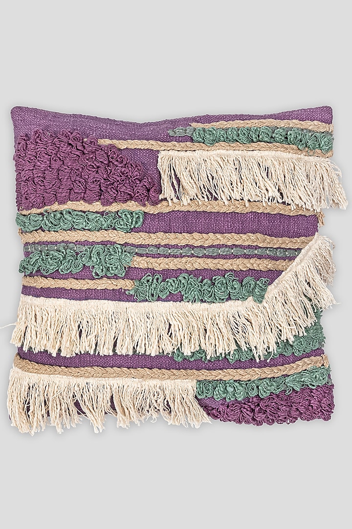 Purple Handwoven Cotton Embroidered Cushion Cover by Houmn