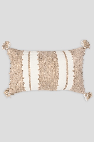 White & Beige Cotton Woven Cushion Cover by Houmn