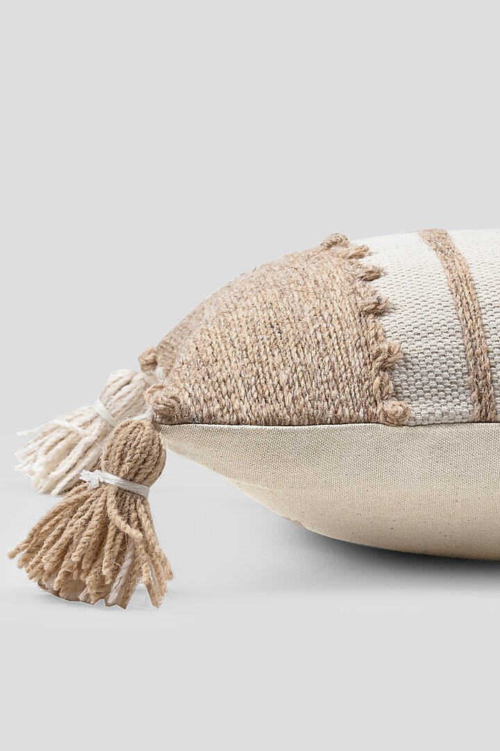 White & Beige Cotton Woven Cushion Cover by Houmn at Pernia's Pop Up Shop
