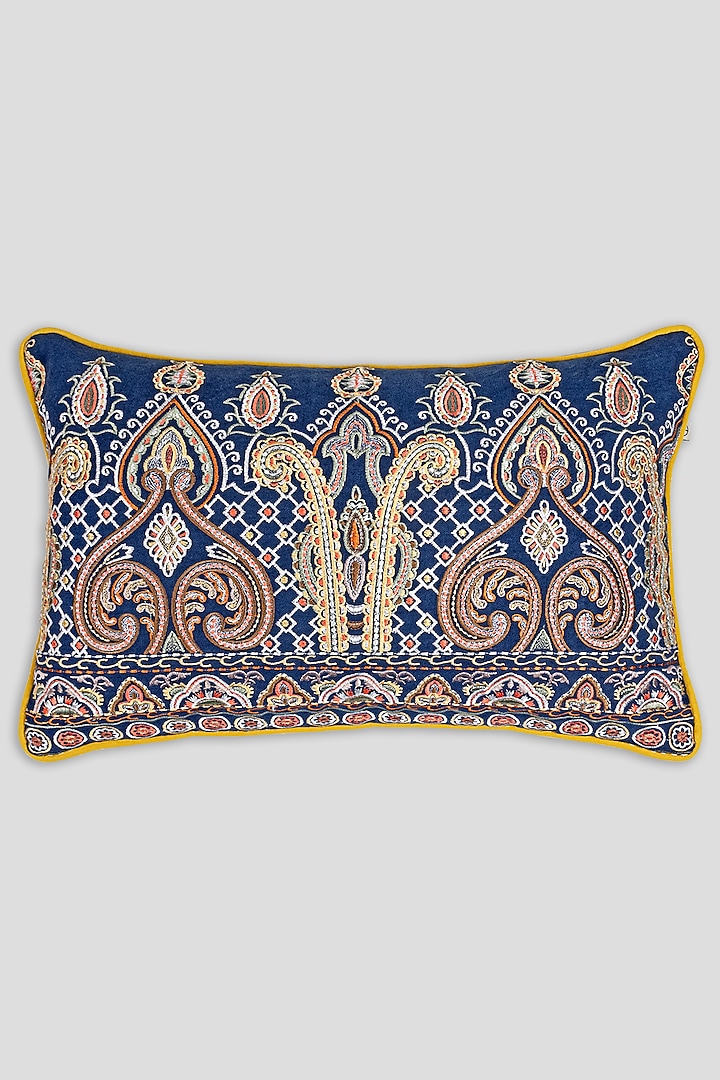 Blue Cotton Embroidered Cushion Cover by Houmn
