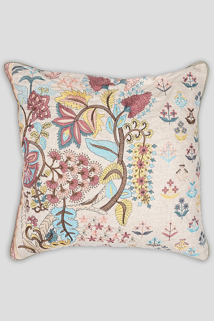 Multi-Colored Cotton Embroidered Cushion Cover by Houmn
