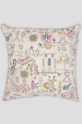 Multi-Colored Cotton Flex Embroidered Cushion Cover by Houmn