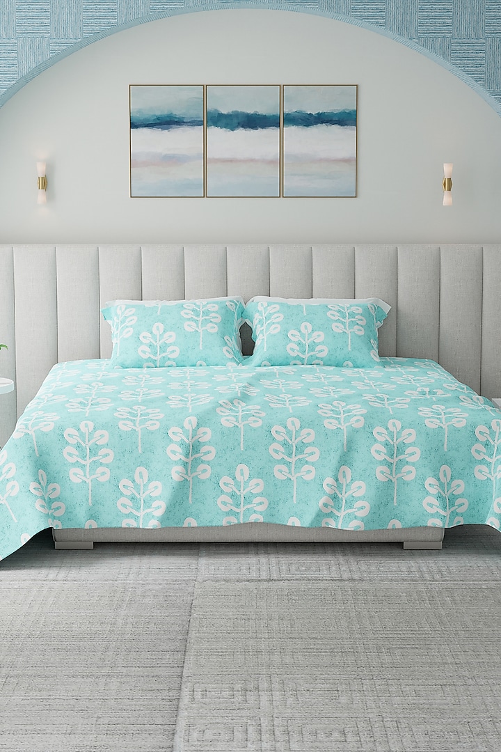 Slate Blue Cotton Printed Bedsheet Set Of 3 by HOUMN