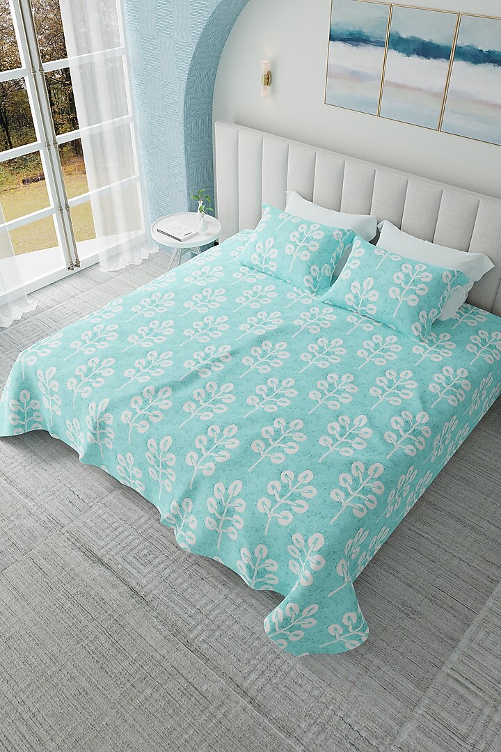 Slate Blue Cotton Printed Bedsheet Set Of 3 by HOUMN at Pernia's Pop Up Shop