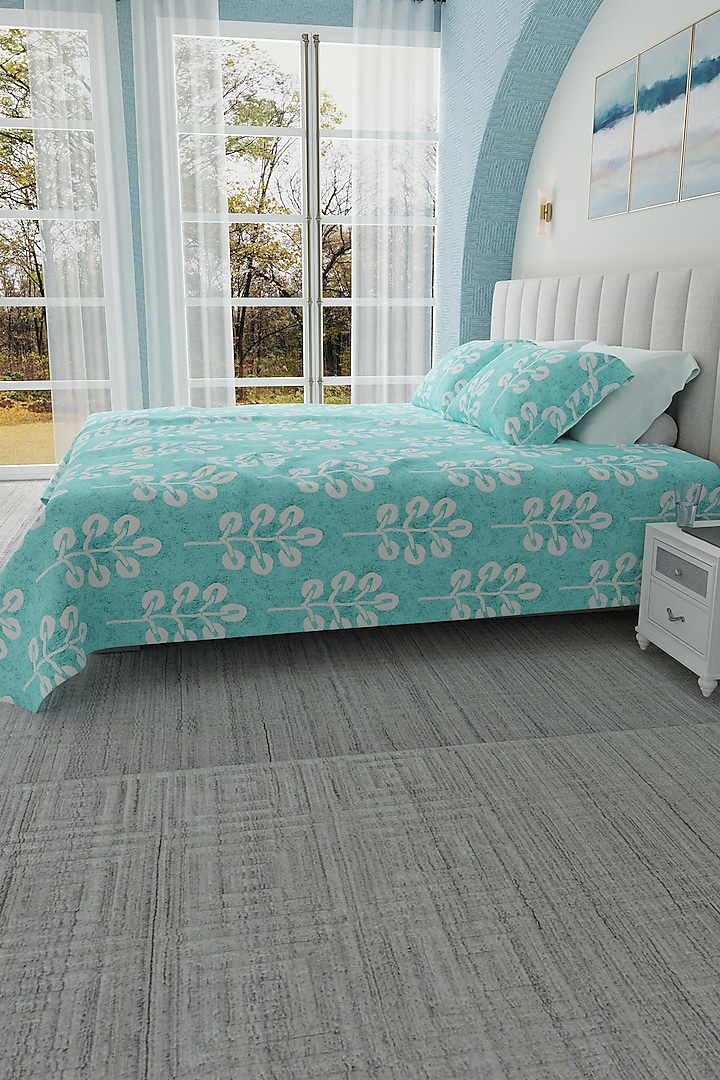 Slate Blue Cotton Printed Bedsheet Set Of 3 by HOUMN at Pernia's Pop Up Shop
