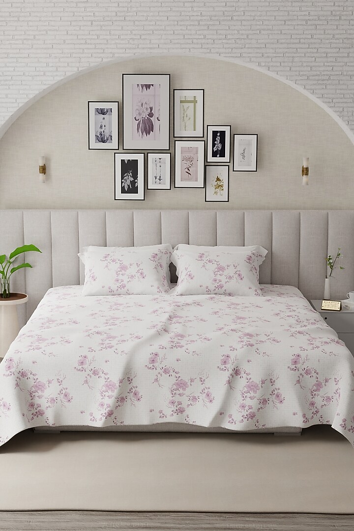 White & Pink Cotton Printed Bedsheet Set Of 3 by HOUMN at Pernia's Pop Up Shop