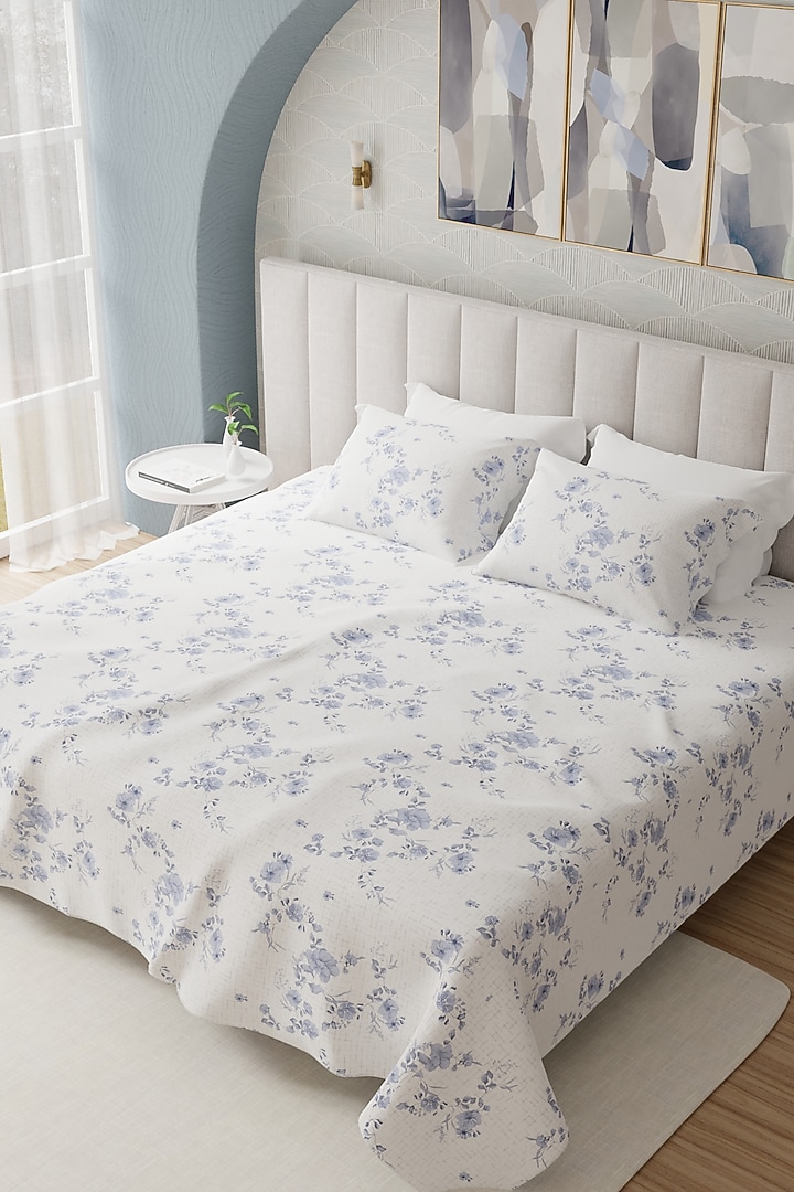 White & Blue Cotton Printed Bedsheet Set Of 3 by HOUMN at Pernia's Pop Up Shop