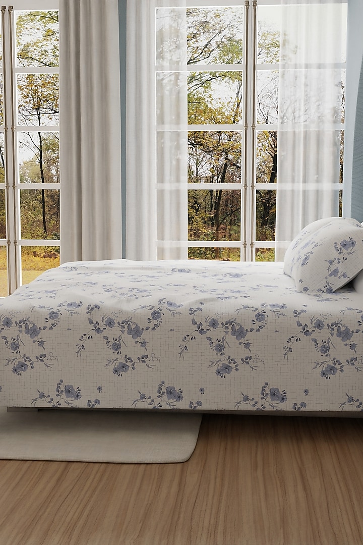 White & Blue Cotton Printed Bedsheet Set Of 3 by HOUMN at Pernia's Pop Up Shop