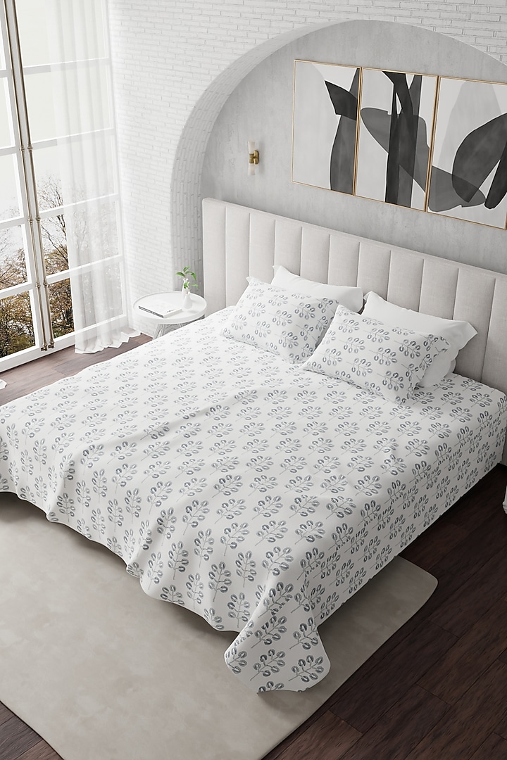 White & Grey Cotton Printed Bedsheet Set Of 3 by HOUMN at Pernia's Pop Up Shop
