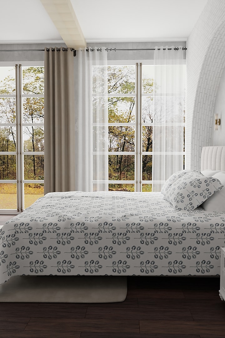 White & Grey Cotton Printed Bedsheet Set Of 3 by HOUMN at Pernia's Pop Up Shop